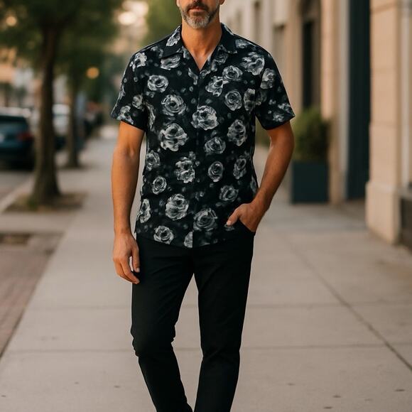 Black White Floral Men's Ricky Singh " Cactus Man" Button Down Shirt : Size XXL - Picture 1 of 8